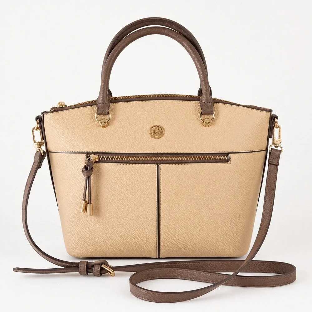 Anne Klein Two Tone Pebbled Satchel Crossbody Bag Beige Taupe Gold Tone NWOT